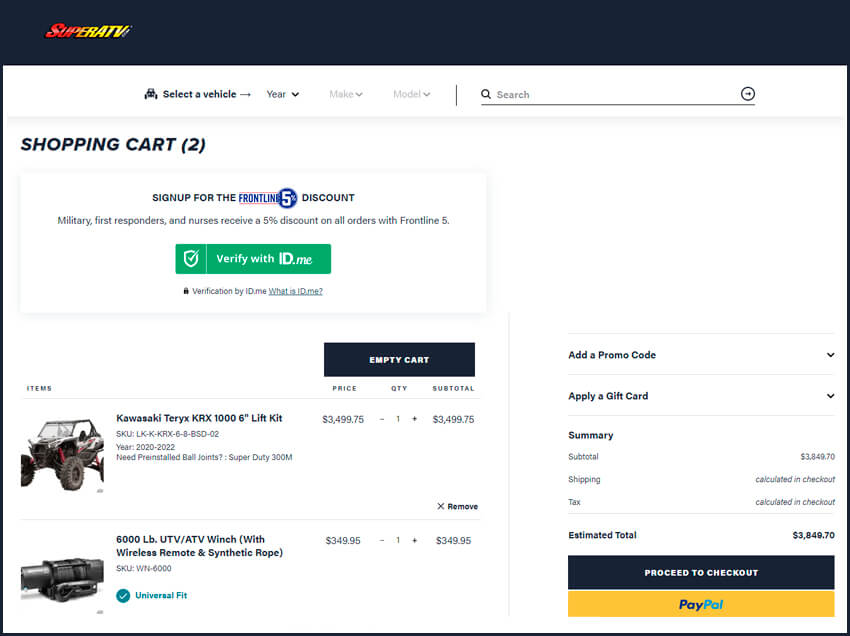 Screenshot of SuperATV checkout page with Frontline 5 Signup