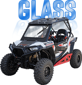 Black and white Polaris RZR XP 900 with a SuperATV Glass Windshield installed.