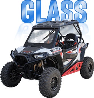 Black and white Polaris RZR XP 900 with a SuperATV Glass Windshield installed.