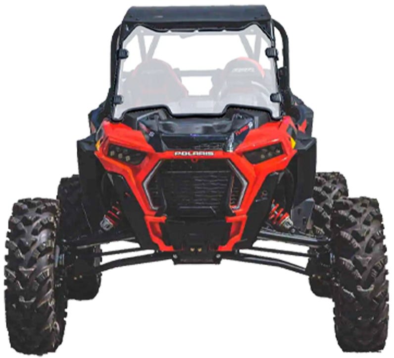 Image of a red Polaris RZR XP Turbo S UTV with a SuperATV Flip Down Polycarbonate Windshield installed